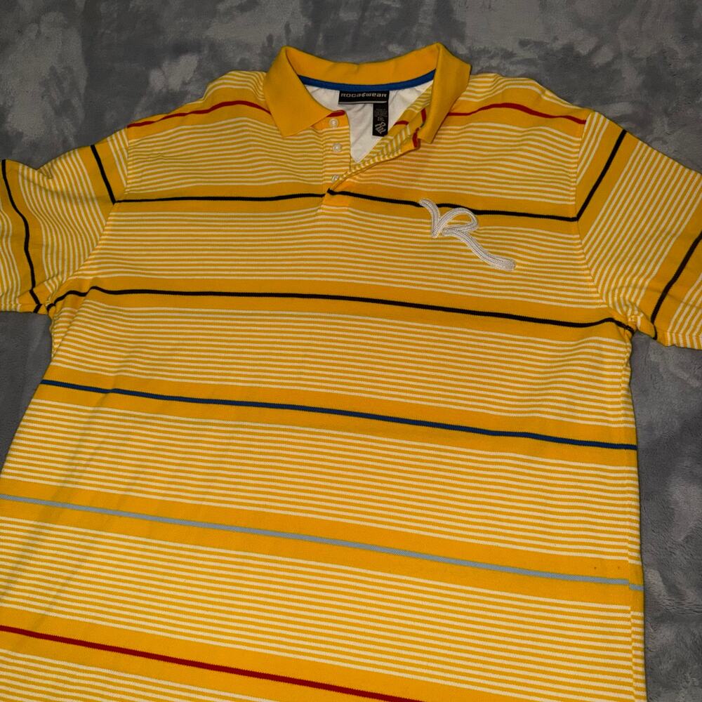 Vintage Rocawear Yellow Striped Polo Shirt Mens 2XL Y2K Baggy Hip Hop